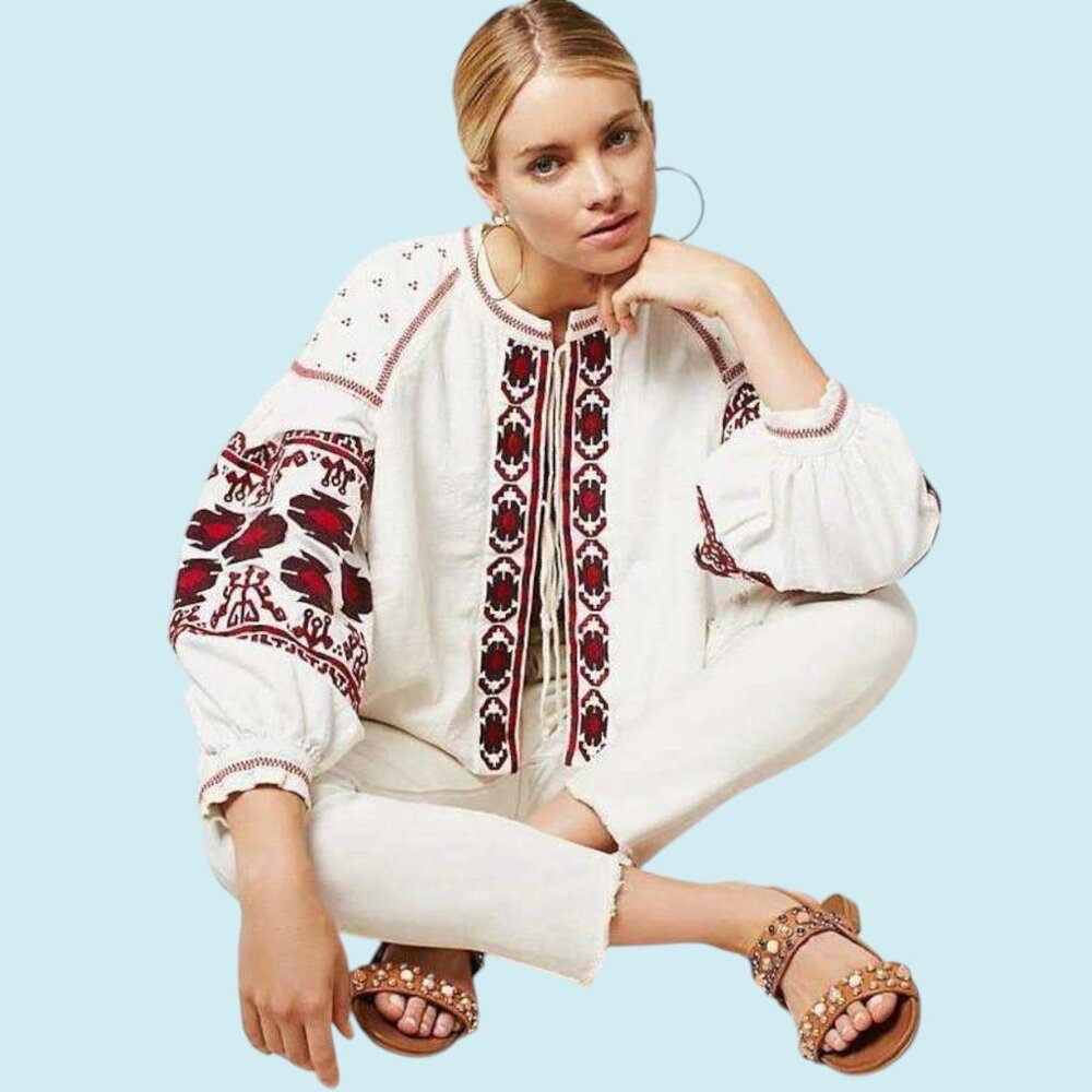 Free People Swing Jacket Women's Size Large Off White Red Boho Embroidered  Top
